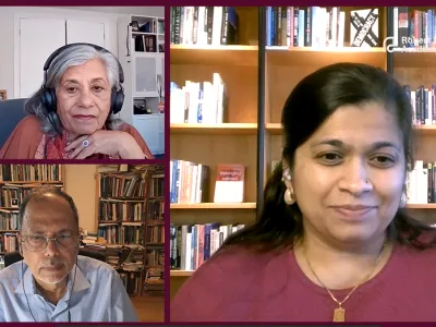 Richard von Weizsäcker Fellow Ratna Omidvar, Dipesh Chakrabarti, and Pradnya Bivalkar during the recording of The Next Question on Belonging.