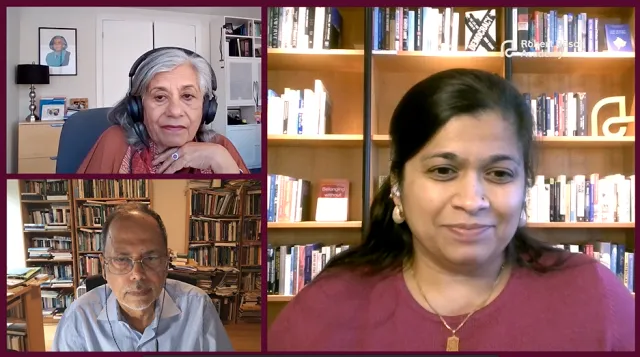 Richard von Weizsäcker Fellow Ratna Omidvar, Dipesh Chakrabarti, and Pradnya Bivalkar during the recording of The Next Question on Belonging.
